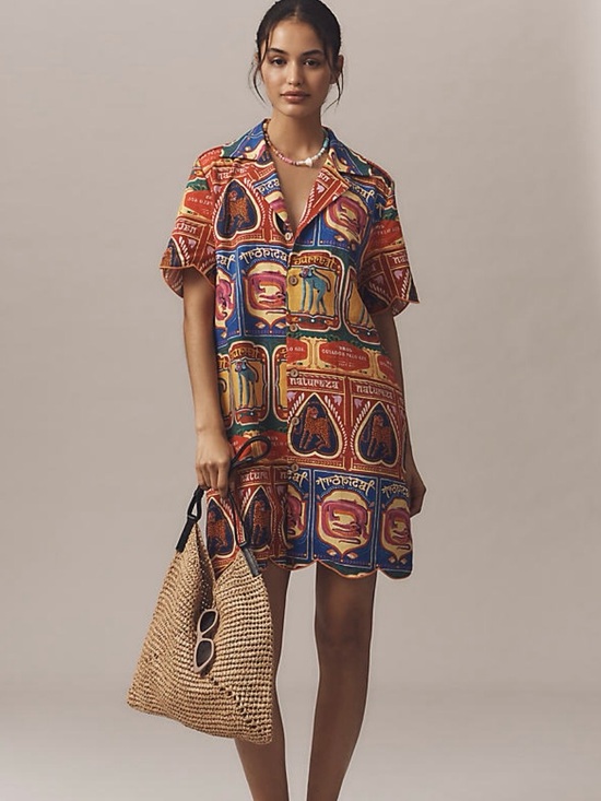 FARM Rio Dresses & Skirts - NWT Farm Rio for Anthropologie Scalloped Trim Linen Blend Shirt Mini Dress Red M